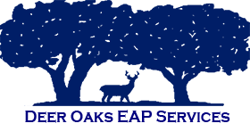 Two trees are on either side of a buck with horns. The words "Deer Oaks EAP Services" are written underneath.