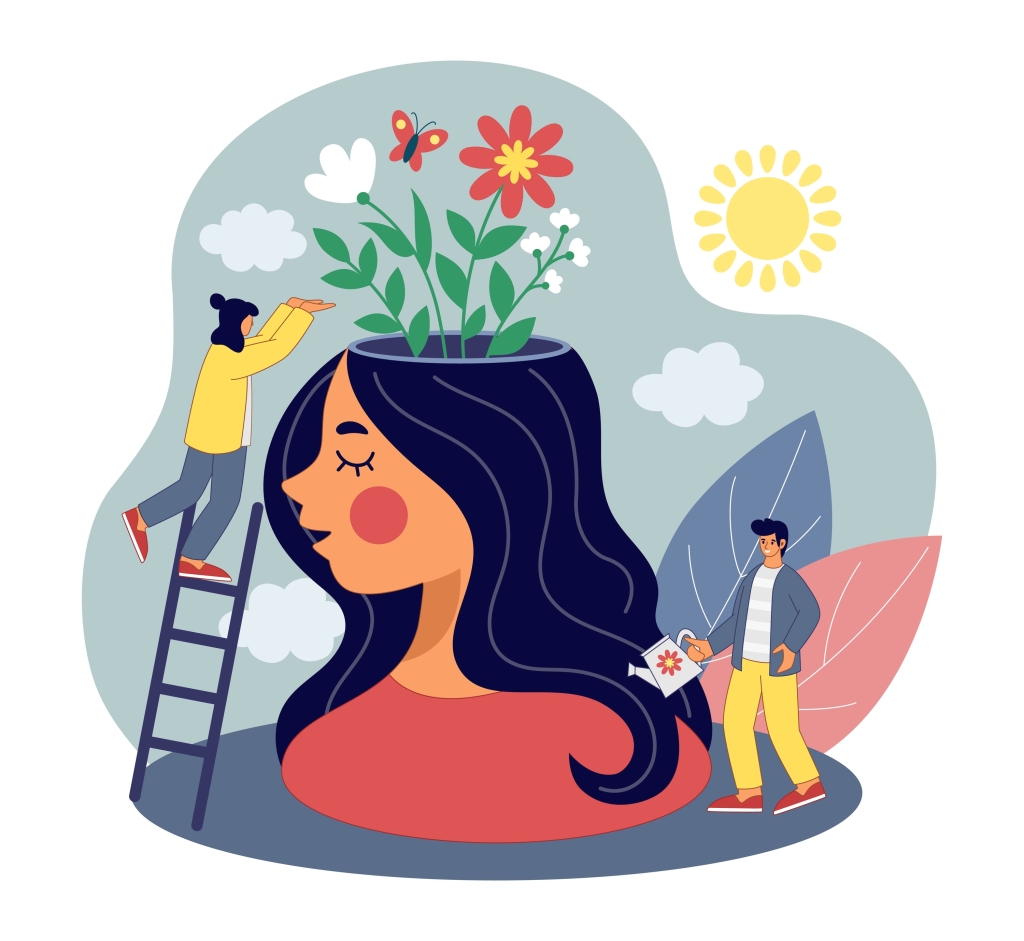 An animation depicts a small person climbing onto a ladder to peek inside a larger animated person's head. Another small person is watering the area around the larger person's shoulders. A butterfly and  flowers are emerging from the person's head, suggesting that the care the person is receiving is positively influencing their mental state.